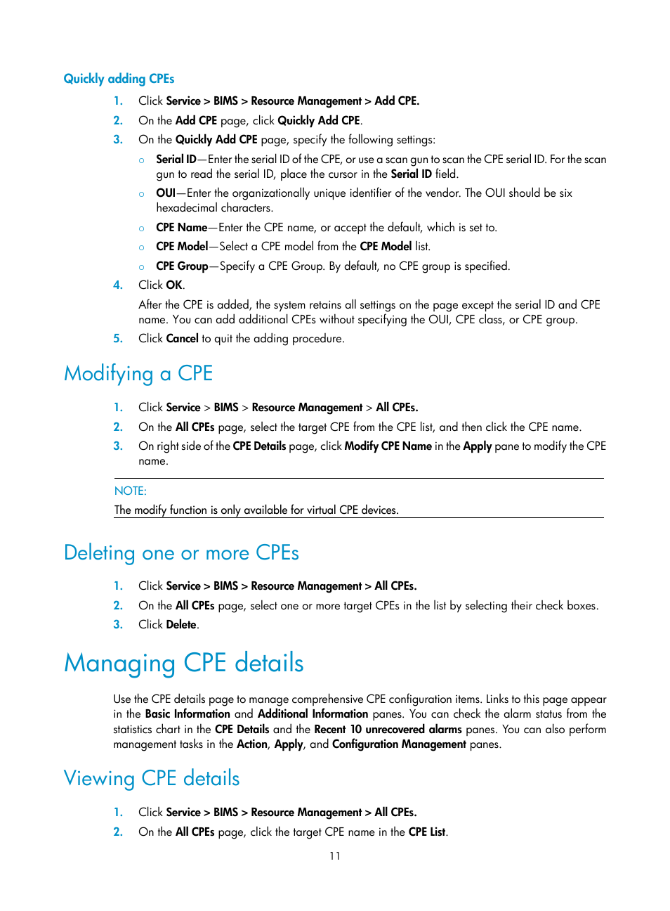 Quickly adding cpes, Modifying a cpe, Deleting one or more cpes | Managing cpe details, Viewing cpe details | H3C Technologies H3C Intelligent Management Center User Manual | Page 20 / 139