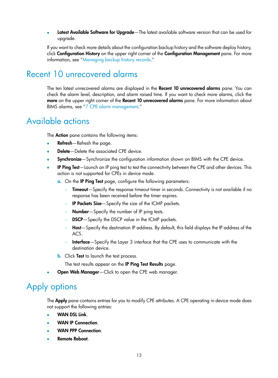 Recent 10 unrecovered alarms, Available actions, Apply options | H3C Technologies H3C Intelligent Management Center User Manual | Page 22 / 139