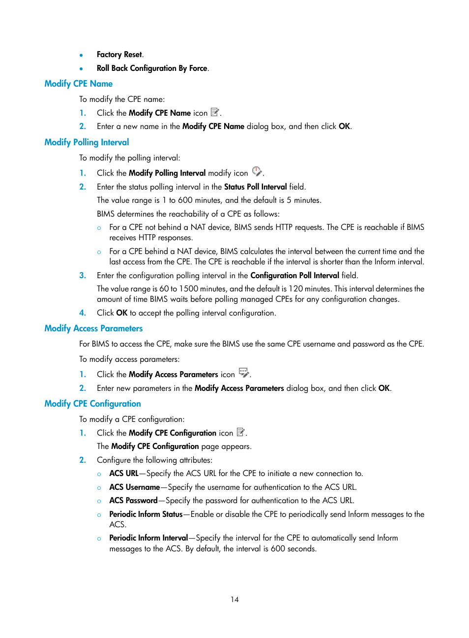 Modify cpe name, Modify polling interval, Modify access parameters | Modify cpe configuration | H3C Technologies H3C Intelligent Management Center User Manual | Page 23 / 139