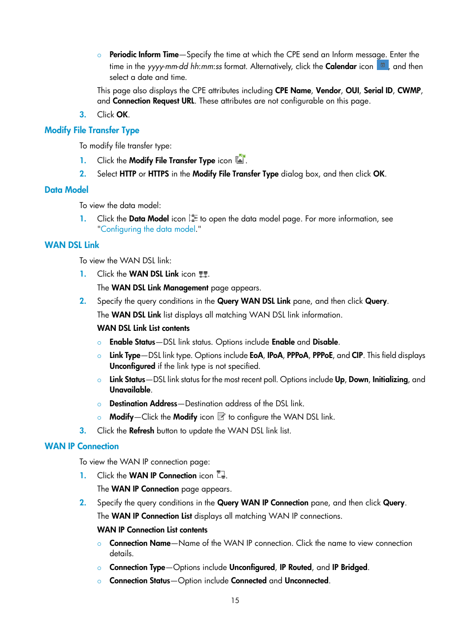 Modify file transfer type, Data model, Wan dsl link | Wan ip connection | H3C Technologies H3C Intelligent Management Center User Manual | Page 24 / 139