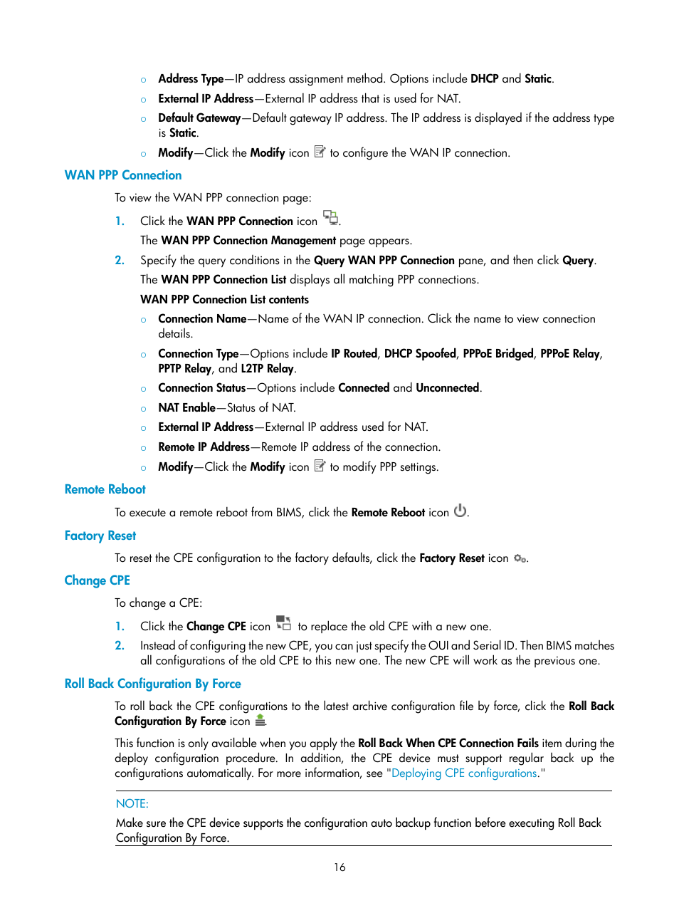 Wan ppp connection, Remote reboot, Factory reset | Change cpe, Roll back configuration by force | H3C Technologies H3C Intelligent Management Center User Manual | Page 25 / 139