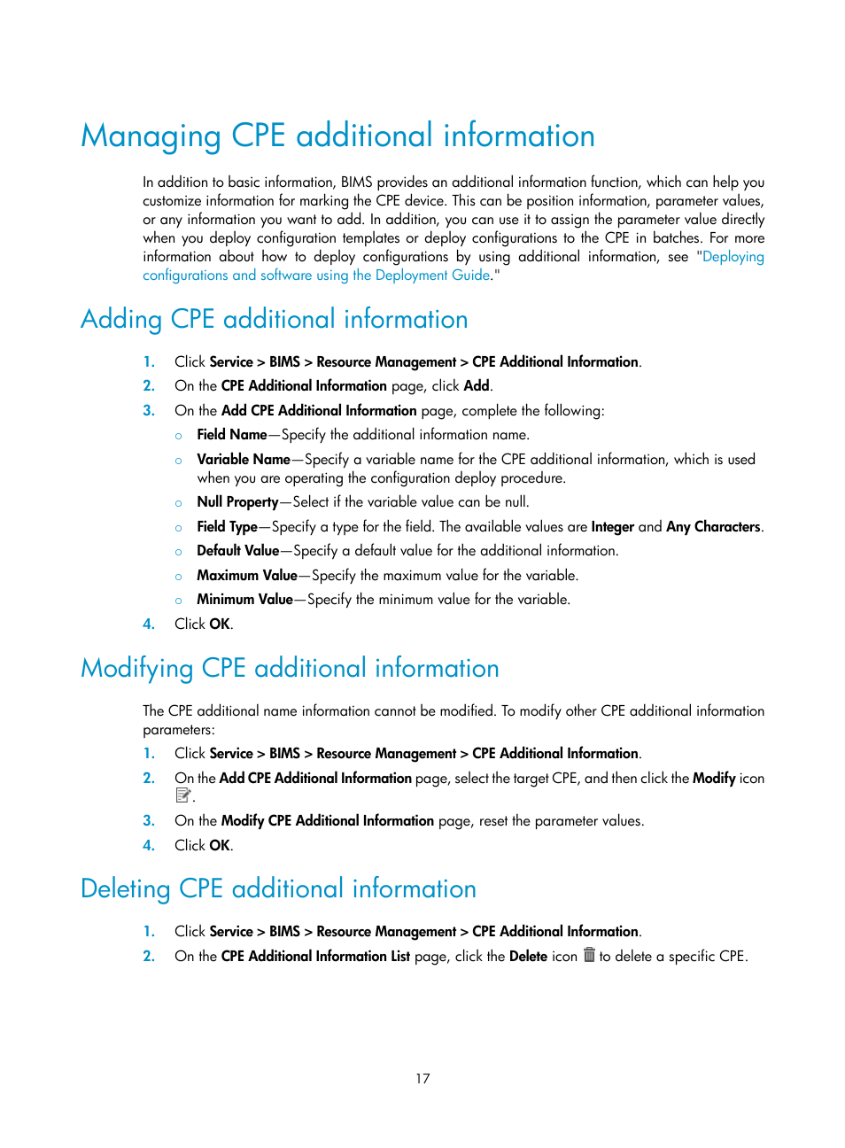 Managing cpe additional information, Adding cpe additional information, Modifying cpe additional information | Deleting cpe additional information, Adding, Cpe additional information | H3C Technologies H3C Intelligent Management Center User Manual | Page 26 / 139