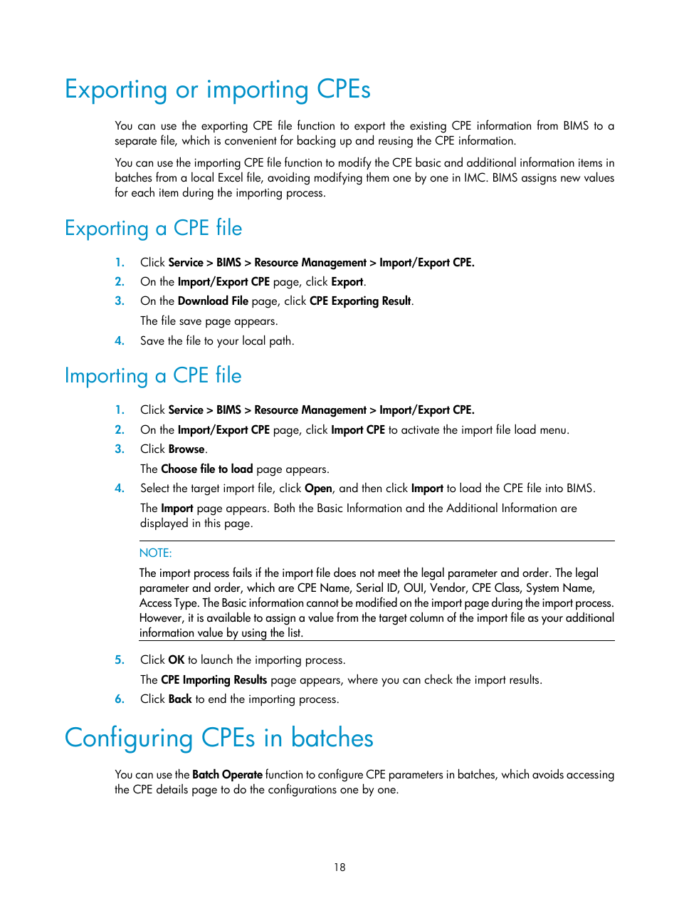 Exporting or importing cpes, Exporting a cpe file, Importing a cpe file | Configuring cpes in batches | H3C Technologies H3C Intelligent Management Center User Manual | Page 27 / 139