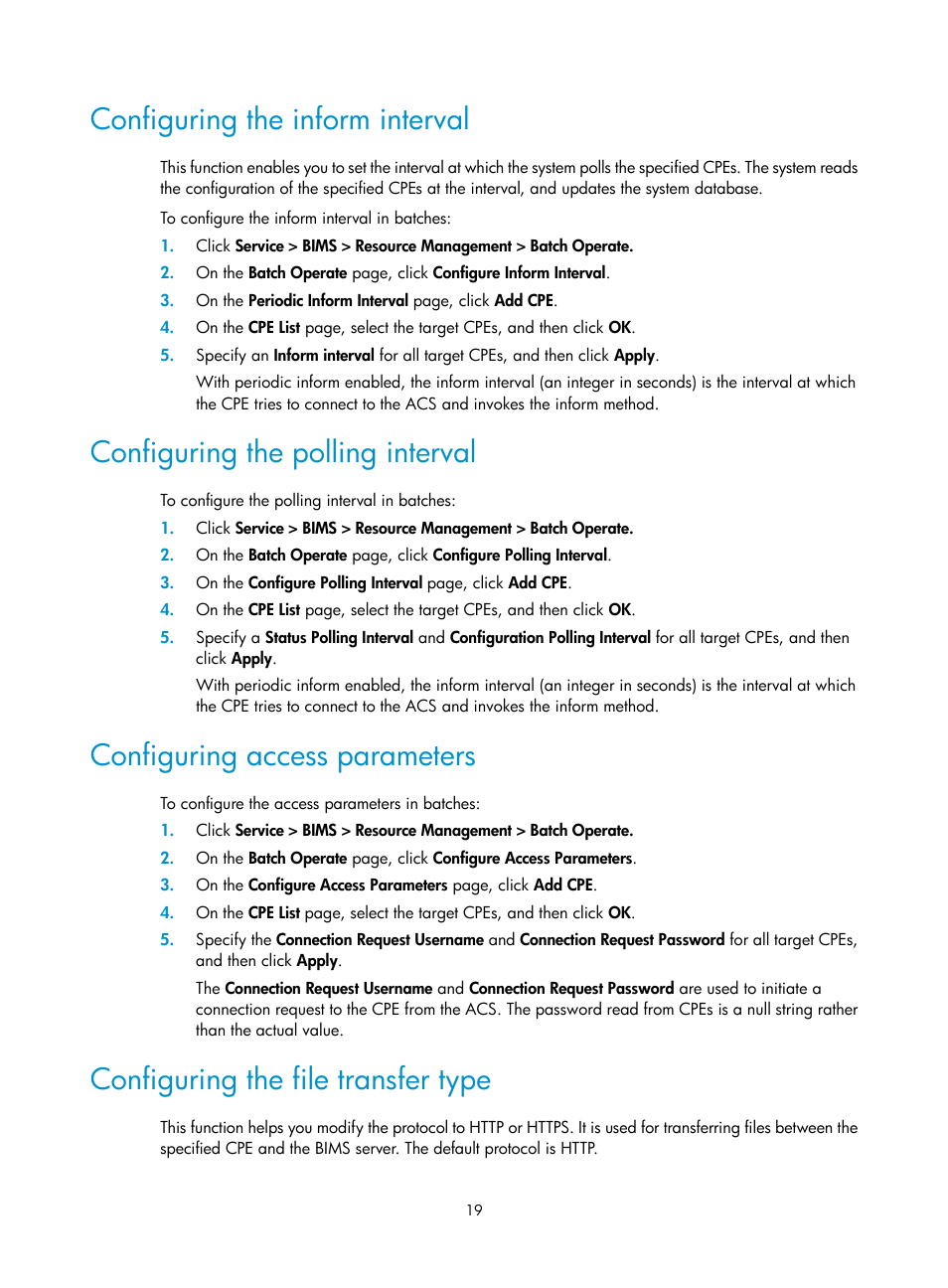 Configuring the inform interval, Configuring the polling interval, Configuring access parameters | Configuring the file transfer type | H3C Technologies H3C Intelligent Management Center User Manual | Page 28 / 139