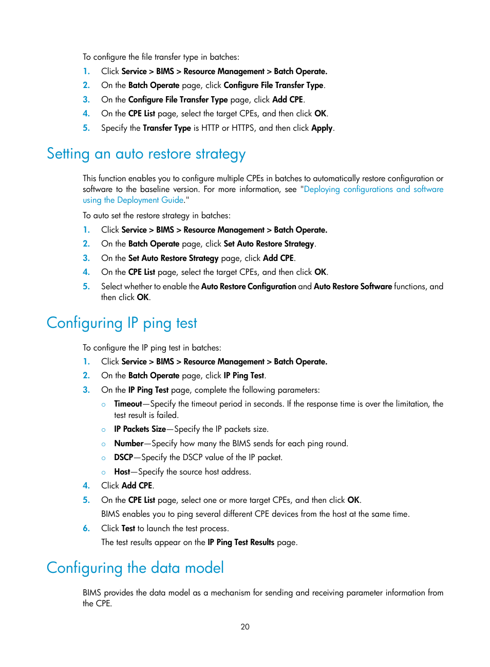 Setting an auto restore strategy, Configuring ip ping test, Configuring the data model | H3C Technologies H3C Intelligent Management Center User Manual | Page 29 / 139