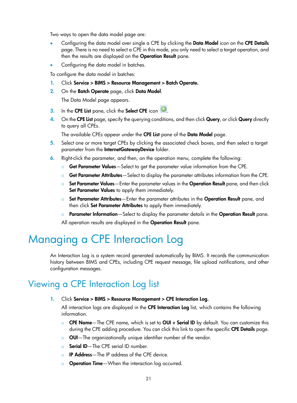 Managing a cpe interaction log, Viewing a cpe interaction log list | H3C Technologies H3C Intelligent Management Center User Manual | Page 30 / 139