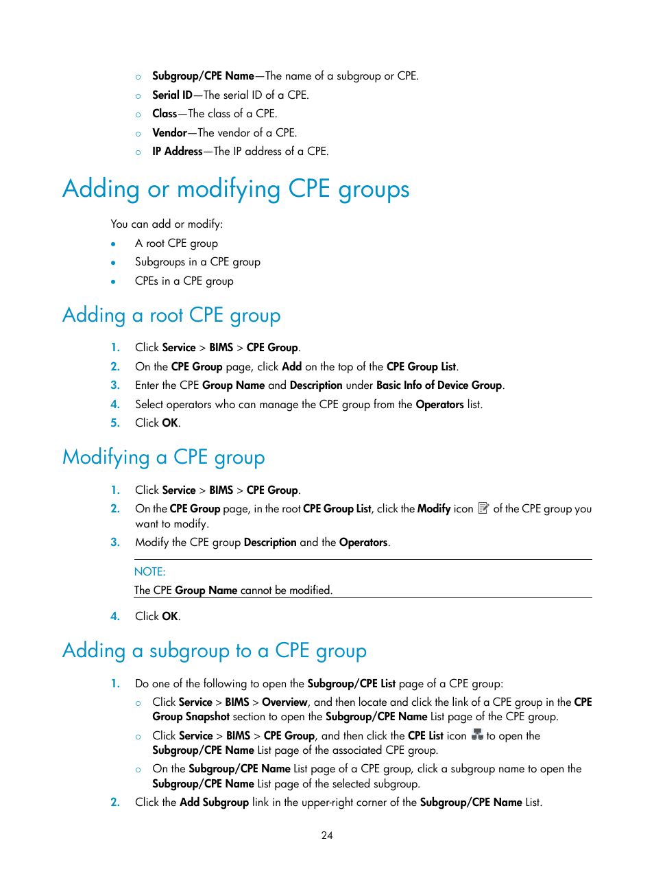 Adding or modifying cpe groups, Adding a root cpe group, Modifying a cpe group | Adding a subgroup to a cpe group | H3C Technologies H3C Intelligent Management Center User Manual | Page 33 / 139