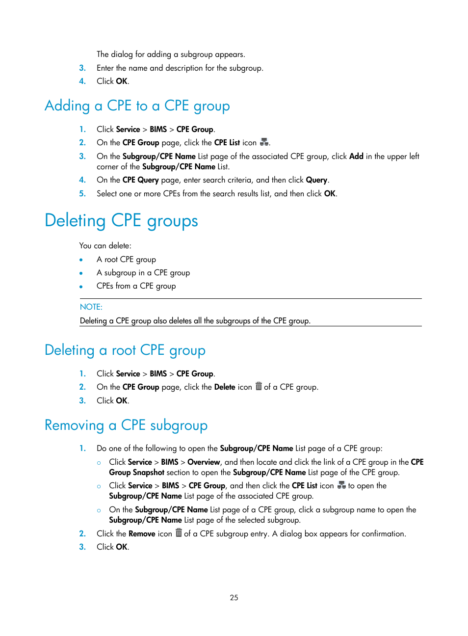 Adding a cpe to a cpe group, Deleting cpe groups, Deleting a root cpe group | Removing a cpe subgroup | H3C Technologies H3C Intelligent Management Center User Manual | Page 34 / 139