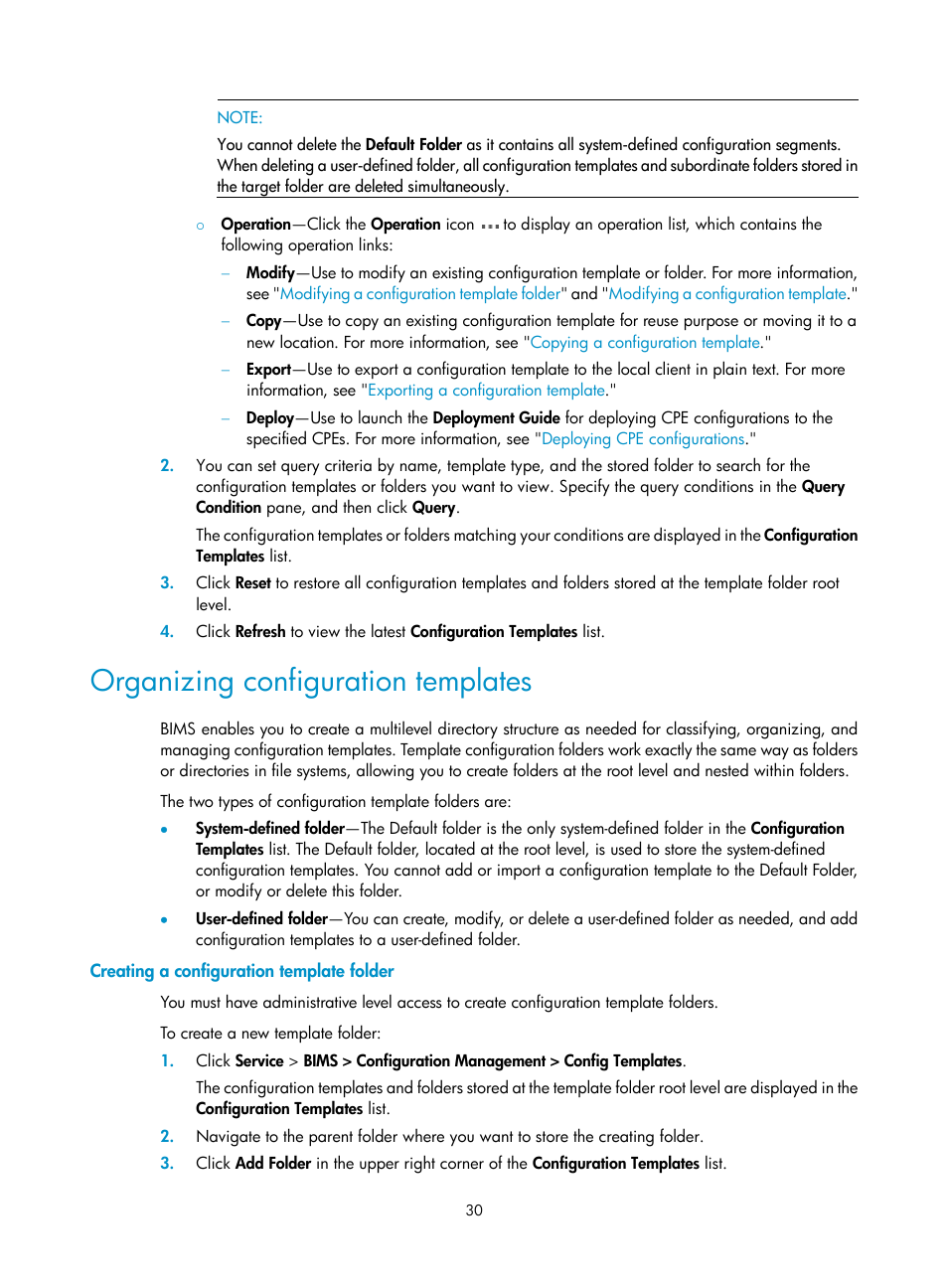 Organizing configuration templates, Creating a configuration template folder | H3C Technologies H3C Intelligent Management Center User Manual | Page 39 / 139