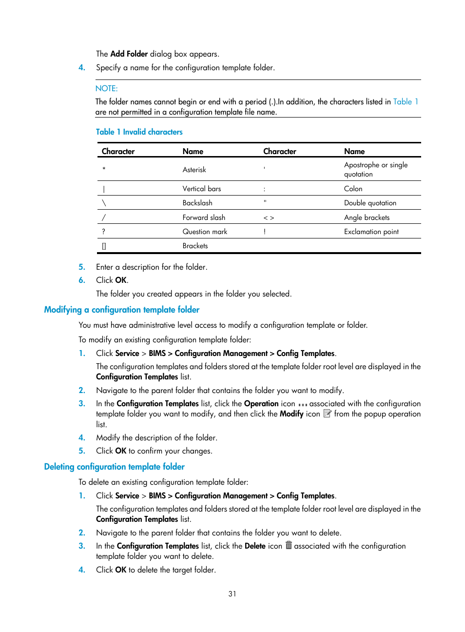 Modifying a configuration template folder, Deleting configuration template folder | H3C Technologies H3C Intelligent Management Center User Manual | Page 40 / 139