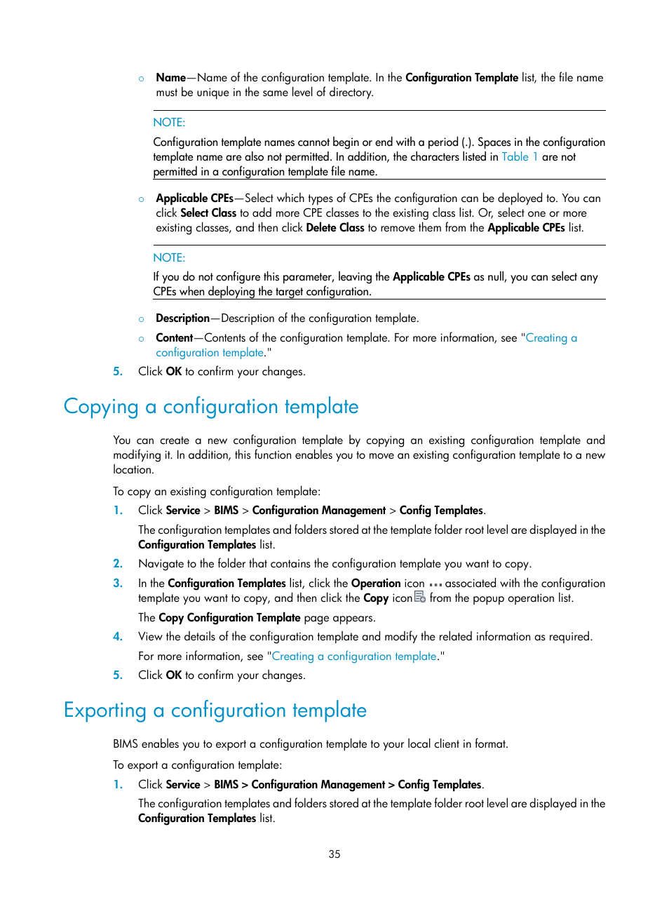 Copying a configuration template, Exporting a configuration template | H3C Technologies H3C Intelligent Management Center User Manual | Page 44 / 139