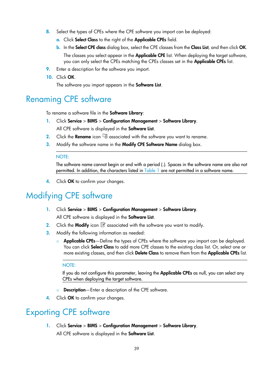 Renaming cpe software, Modifying cpe software, Exporting cpe software | H3C Technologies H3C Intelligent Management Center User Manual | Page 48 / 139