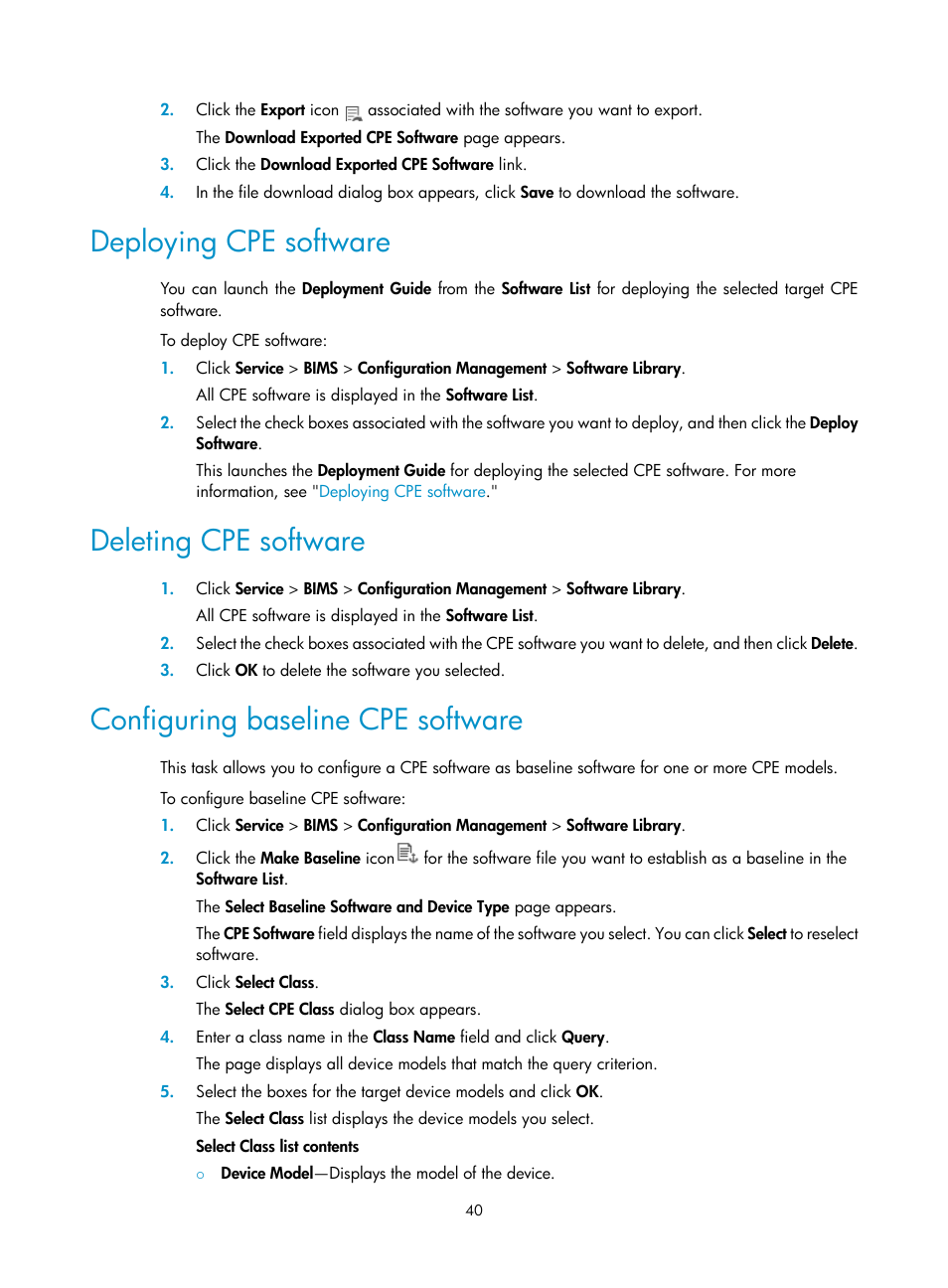 Deploying cpe software, Deleting cpe software, Configuring baseline cpe software | Ation, see | H3C Technologies H3C Intelligent Management Center User Manual | Page 49 / 139