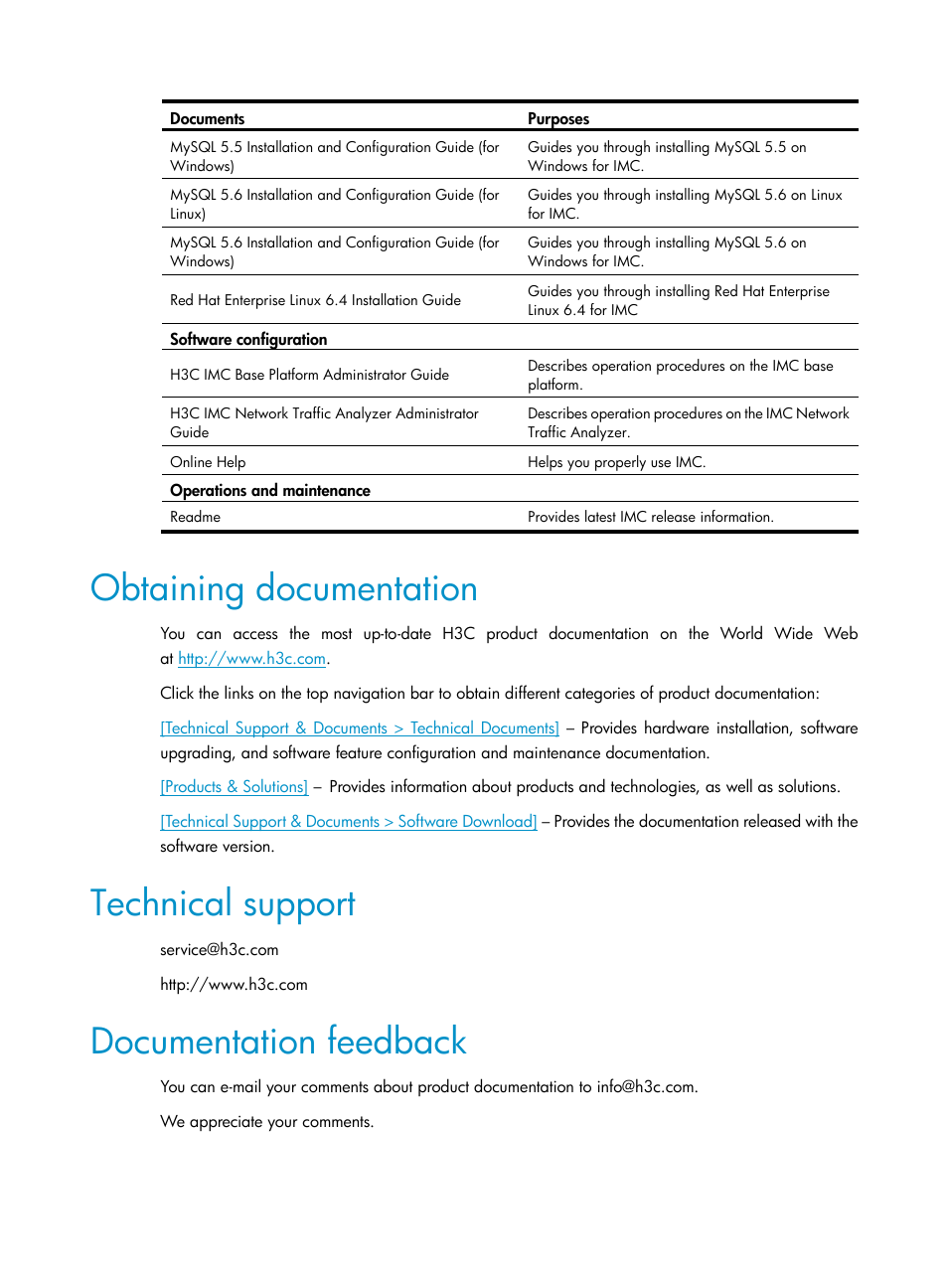 Obtaining documentation, Technical support, Documentation feedback | H3C Technologies H3C Intelligent Management Center User Manual | Page 5 / 139