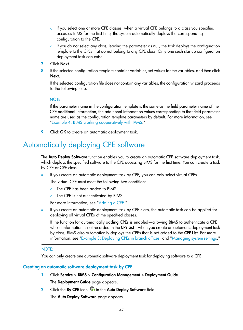 Automatically deploying cpe software, Automatically deploying cpe, Software | H3C Technologies H3C Intelligent Management Center User Manual | Page 56 / 139