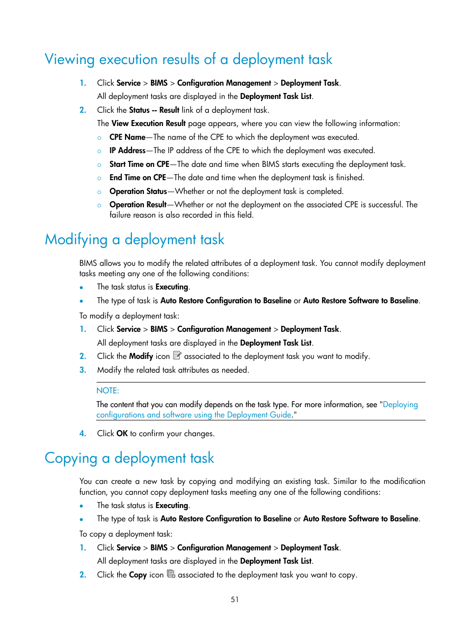 Viewing execution results of a deployment task, Modifying a deployment task, Copying a deployment task | H3C Technologies H3C Intelligent Management Center User Manual | Page 60 / 139