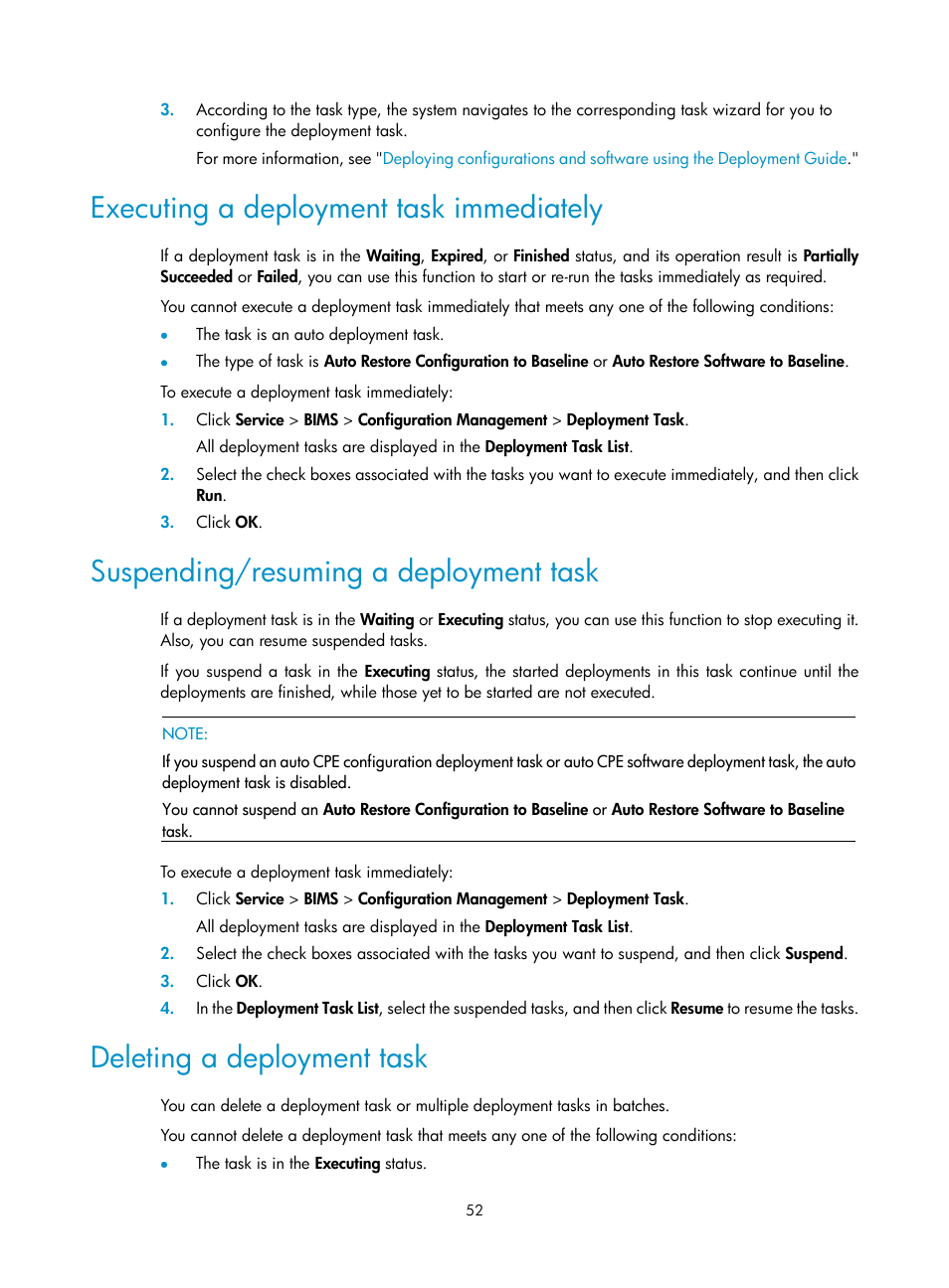 Executing a deployment task immediately, Suspending/resuming a deployment task, Deleting a deployment task | H3C Technologies H3C Intelligent Management Center User Manual | Page 61 / 139