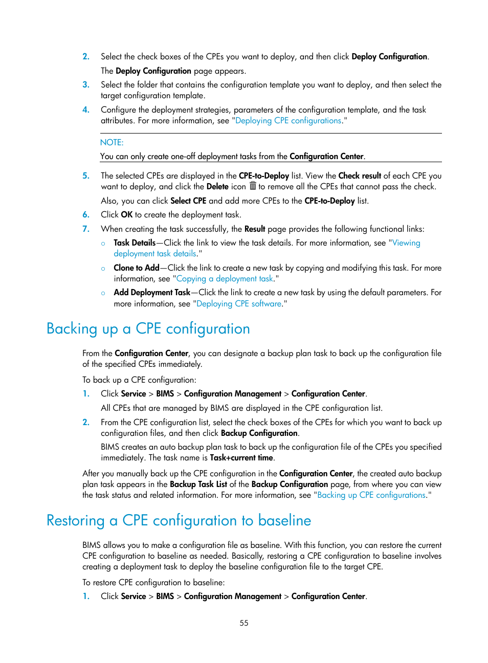 Backing up a cpe configuration, Restoring a cpe configuration to baseline | H3C Technologies H3C Intelligent Management Center User Manual | Page 64 / 139