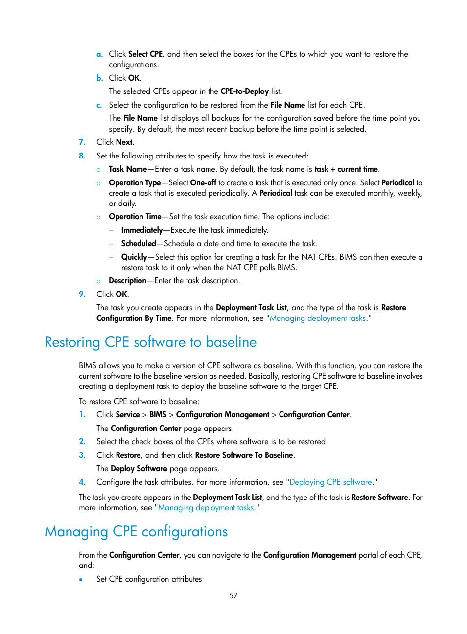 Restoring cpe software to baseline, Managing cpe configurations, Restoring | Cpe software to baseline | H3C Technologies H3C Intelligent Management Center User Manual | Page 66 / 139