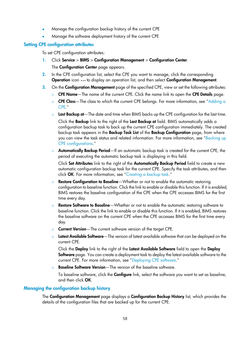 Setting cpe configuration attributes, Managing the configuration backup history | H3C Technologies H3C Intelligent Management Center User Manual | Page 67 / 139