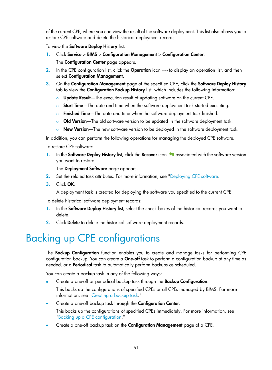 Backing up cpe configurations, Backing up, Cpe configurations | H3C Technologies H3C Intelligent Management Center User Manual | Page 70 / 139