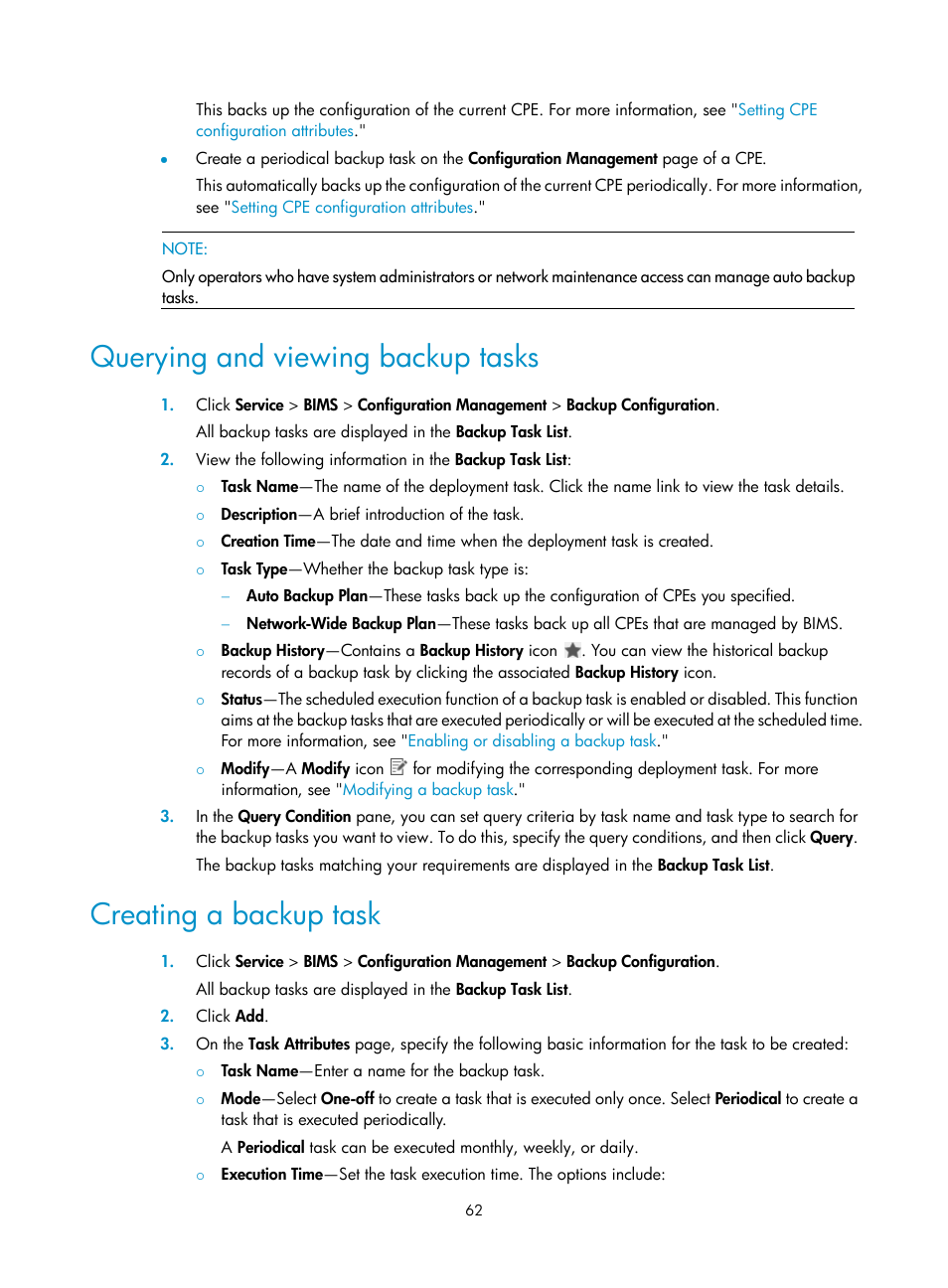 Querying and viewing backup tasks, Creating a backup task, Ion, see | N, see | H3C Technologies H3C Intelligent Management Center User Manual | Page 71 / 139