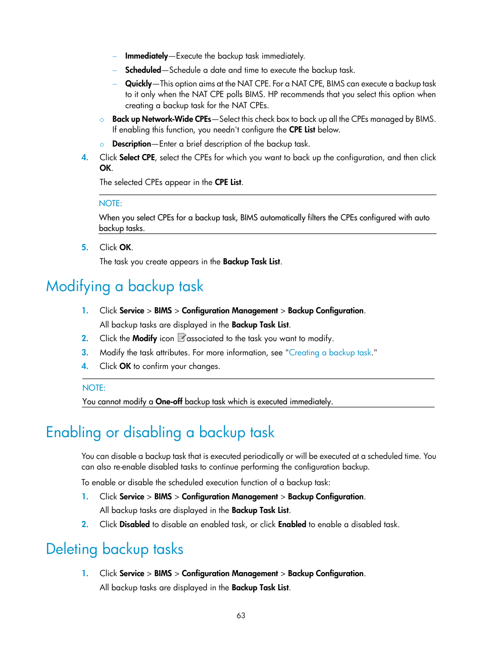 Modifying a backup task, Enabling or disabling a backup task, Deleting backup tasks | H3C Technologies H3C Intelligent Management Center User Manual | Page 72 / 139