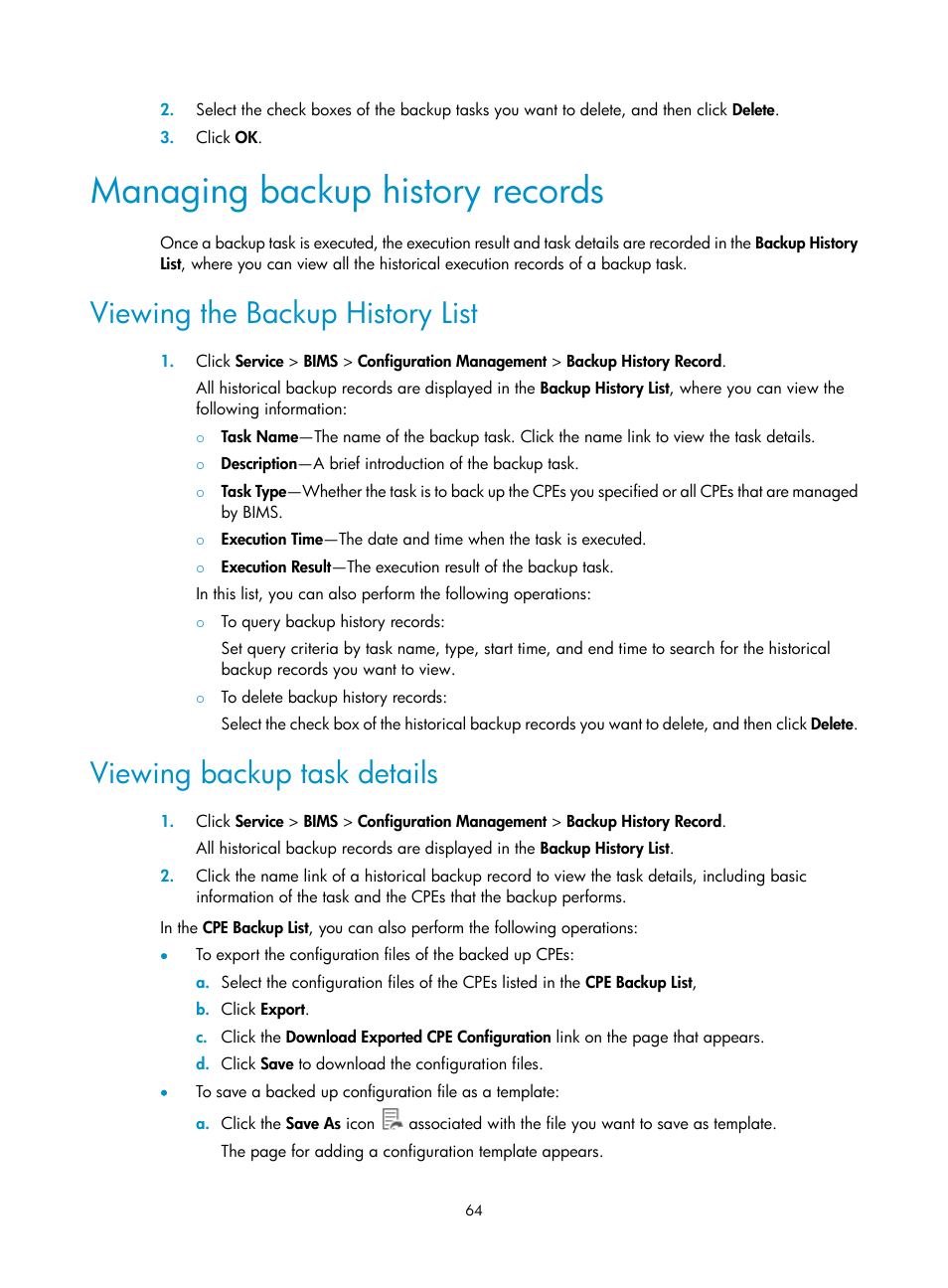 Managing backup history records, Viewing the backup history list, Viewing backup task details | H3C Technologies H3C Intelligent Management Center User Manual | Page 73 / 139