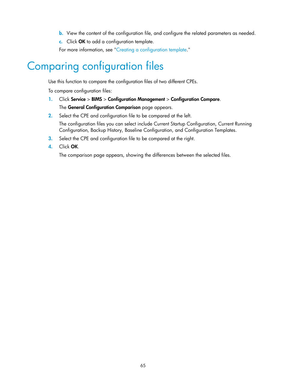 Comparing configuration files | H3C Technologies H3C Intelligent Management Center User Manual | Page 74 / 139