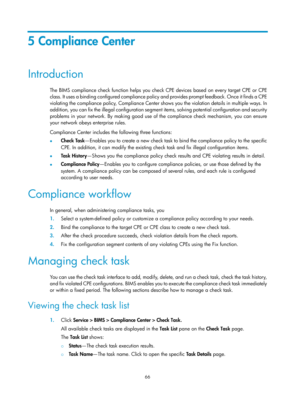 5 compliance center, Introduction, Compliance workflow | Managing check task, Viewing the check task list | H3C Technologies H3C Intelligent Management Center User Manual | Page 75 / 139