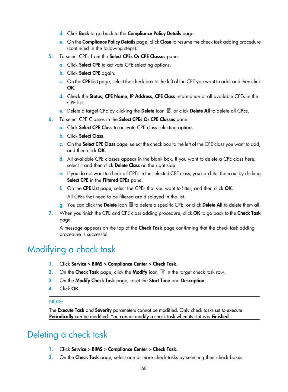 Modifying a check task, Deleting a check task | H3C Technologies H3C Intelligent Management Center User Manual | Page 77 / 139