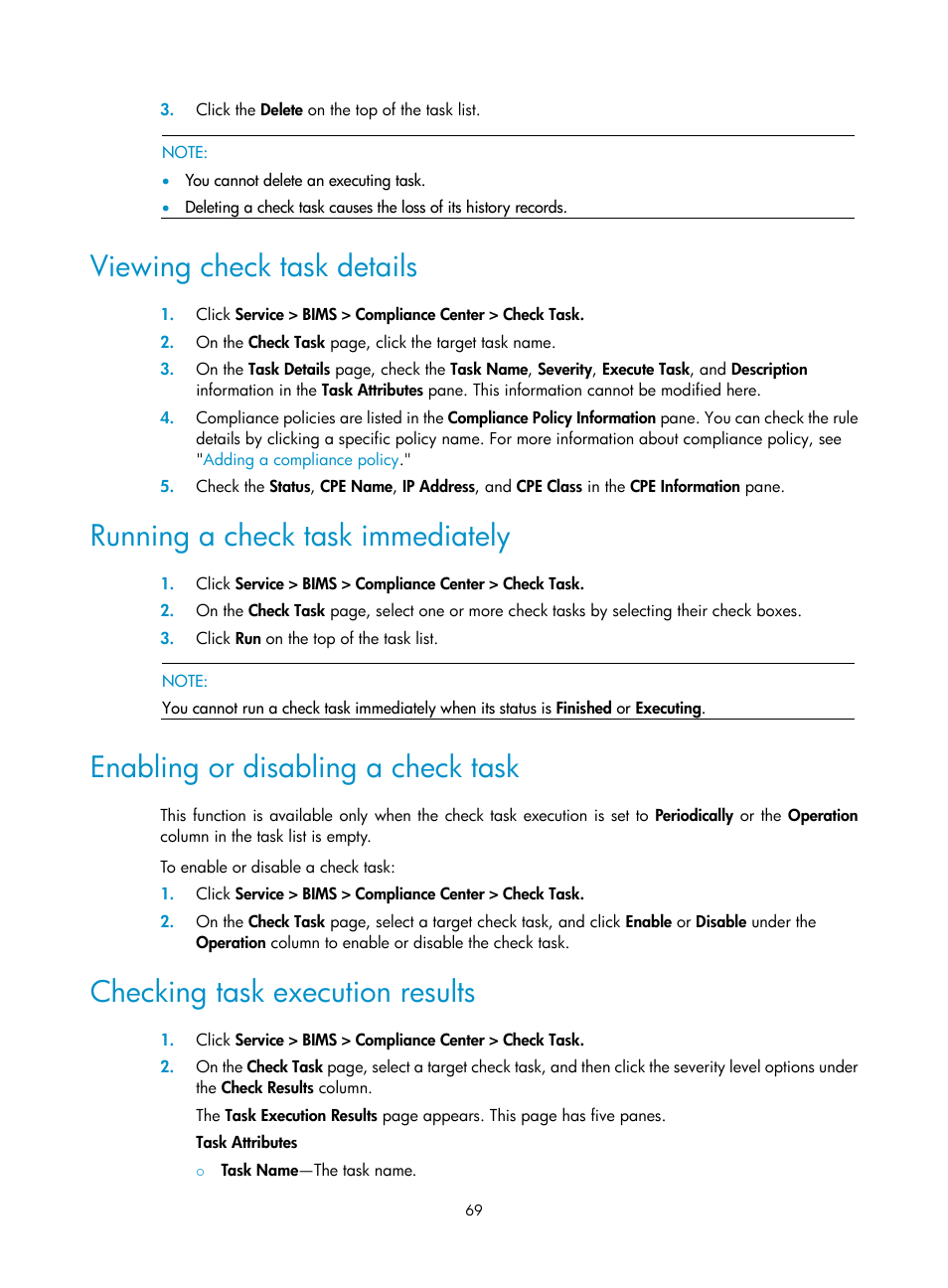 Viewing check task details, Running a check task immediately, Enabling or disabling a check task | Checking task execution results | H3C Technologies H3C Intelligent Management Center User Manual | Page 78 / 139