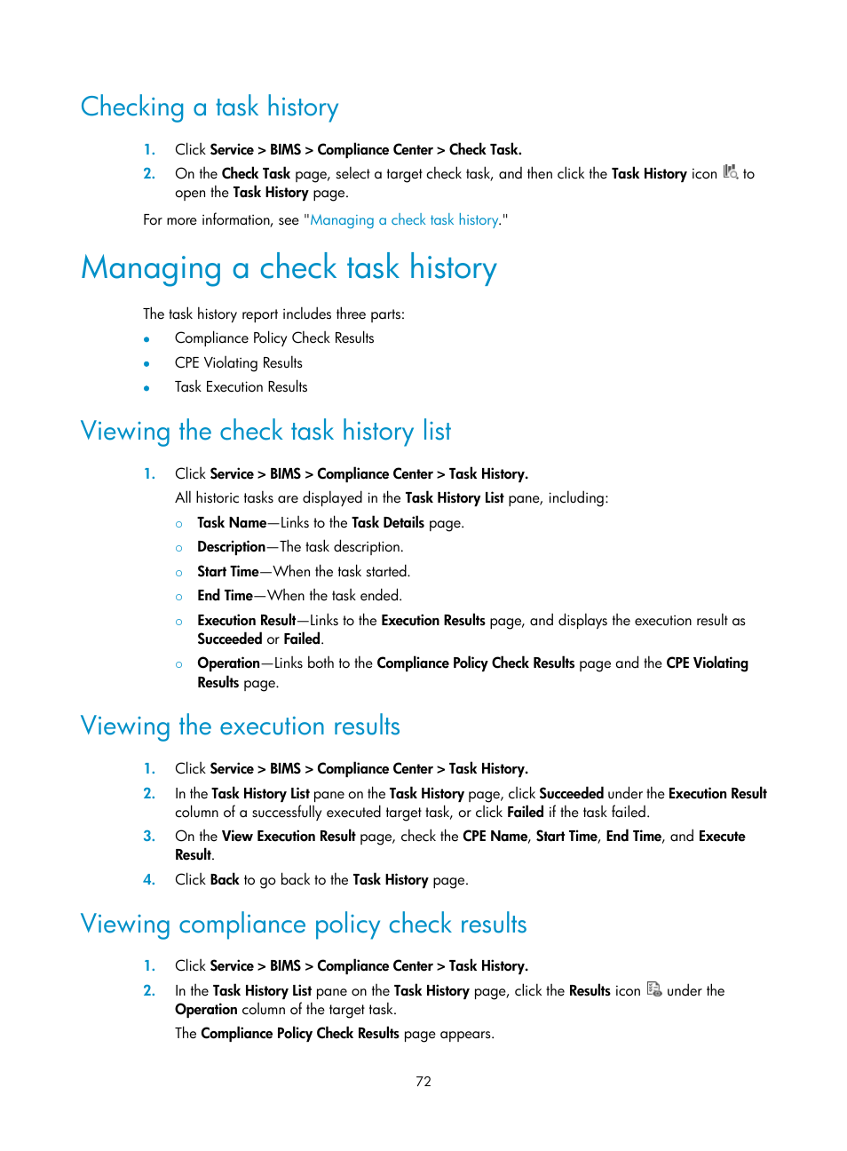 Checking a task history, Managing a check task history, Viewing the check task history list | Viewing the execution results, Viewing compliance policy check results | H3C Technologies H3C Intelligent Management Center User Manual | Page 81 / 139