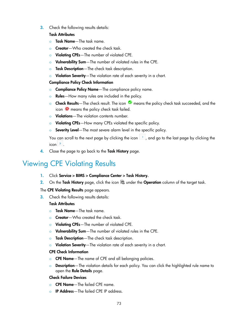 Viewing cpe violating results, N, see | H3C Technologies H3C Intelligent Management Center User Manual | Page 82 / 139