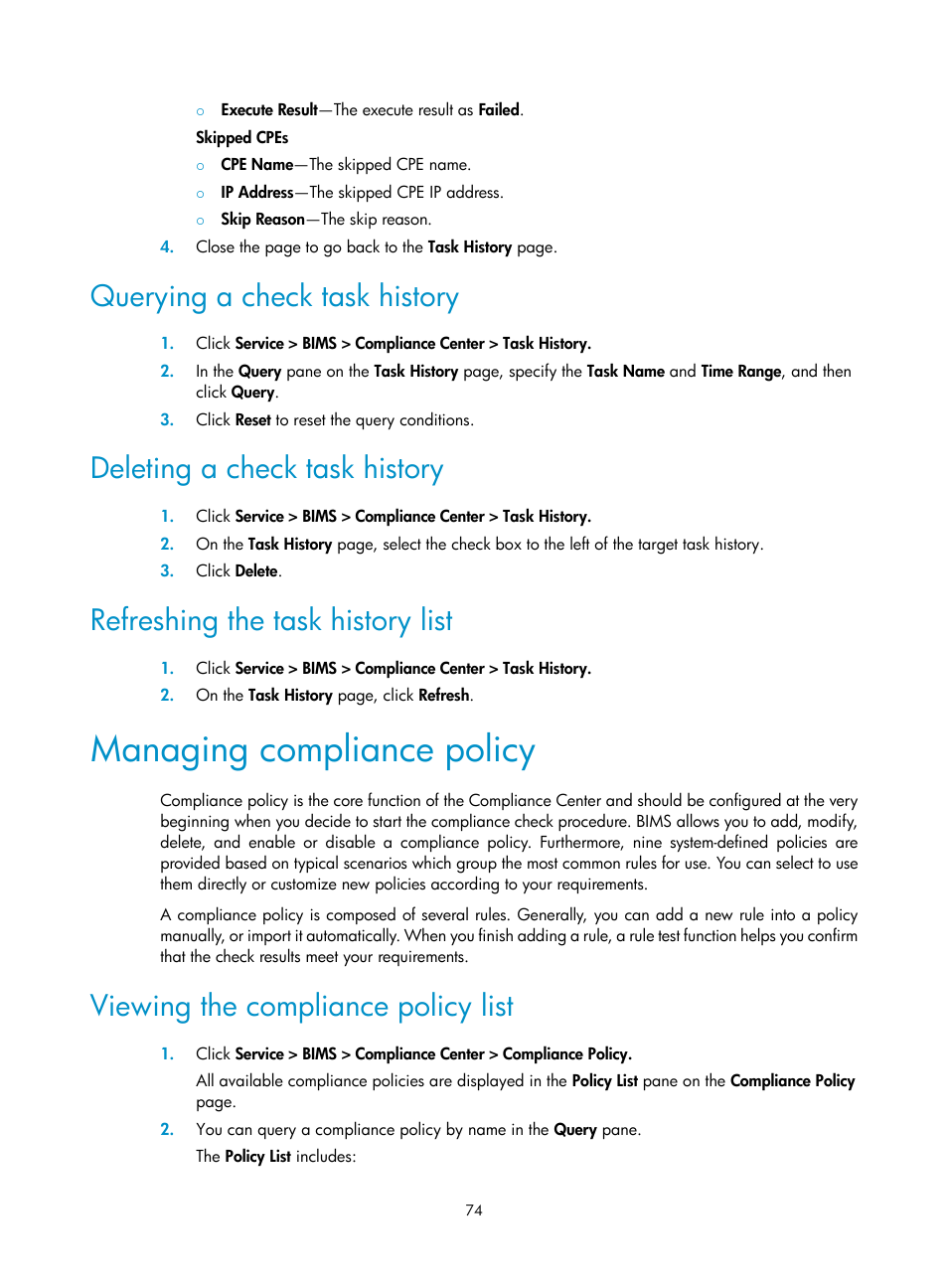 Querying a check task history, Deleting a check task history, Refreshing the task history list | Managing compliance policy, Viewing the compliance policy list | H3C Technologies H3C Intelligent Management Center User Manual | Page 83 / 139