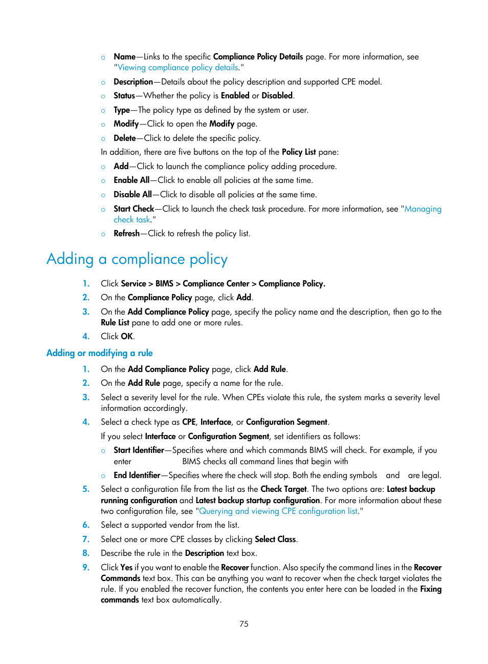 Adding a compliance policy, Adding or modifying a rule, Adding or | Modifying a rule | H3C Technologies H3C Intelligent Management Center User Manual | Page 84 / 139