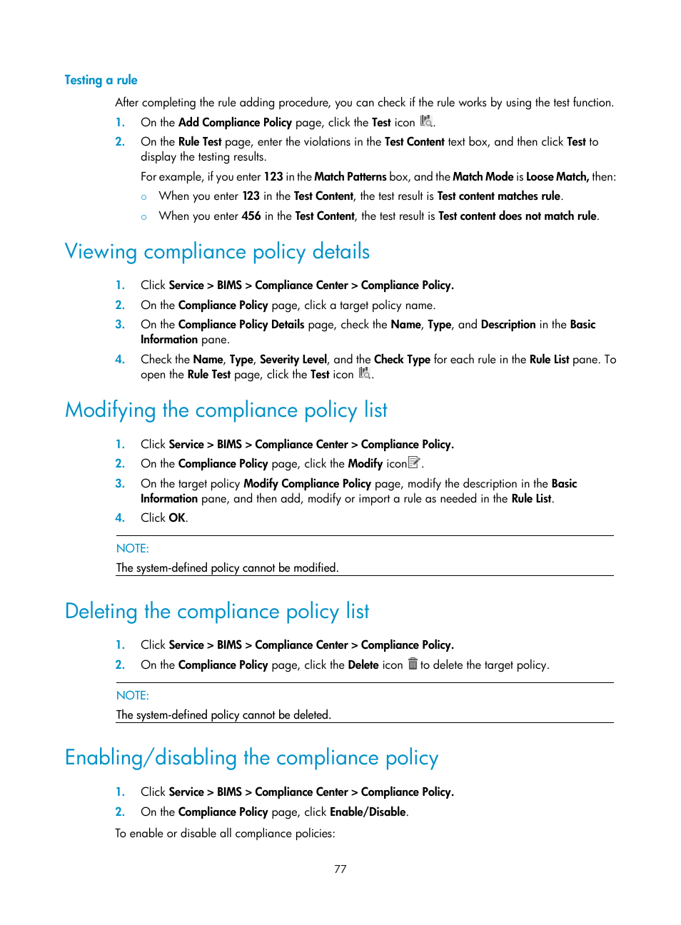 Testing a rule, Viewing compliance policy details, Modifying the compliance policy list | Deleting the compliance policy list, Enabling/disabling the compliance policy | H3C Technologies H3C Intelligent Management Center User Manual | Page 86 / 139