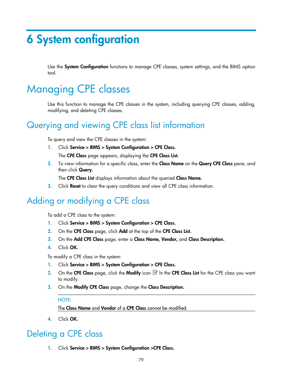 6 system configuration, Managing cpe classes, Querying and viewing cpe class list information | Adding or modifying a cpe class, Deleting a cpe class | H3C Technologies H3C Intelligent Management Center User Manual | Page 88 / 139