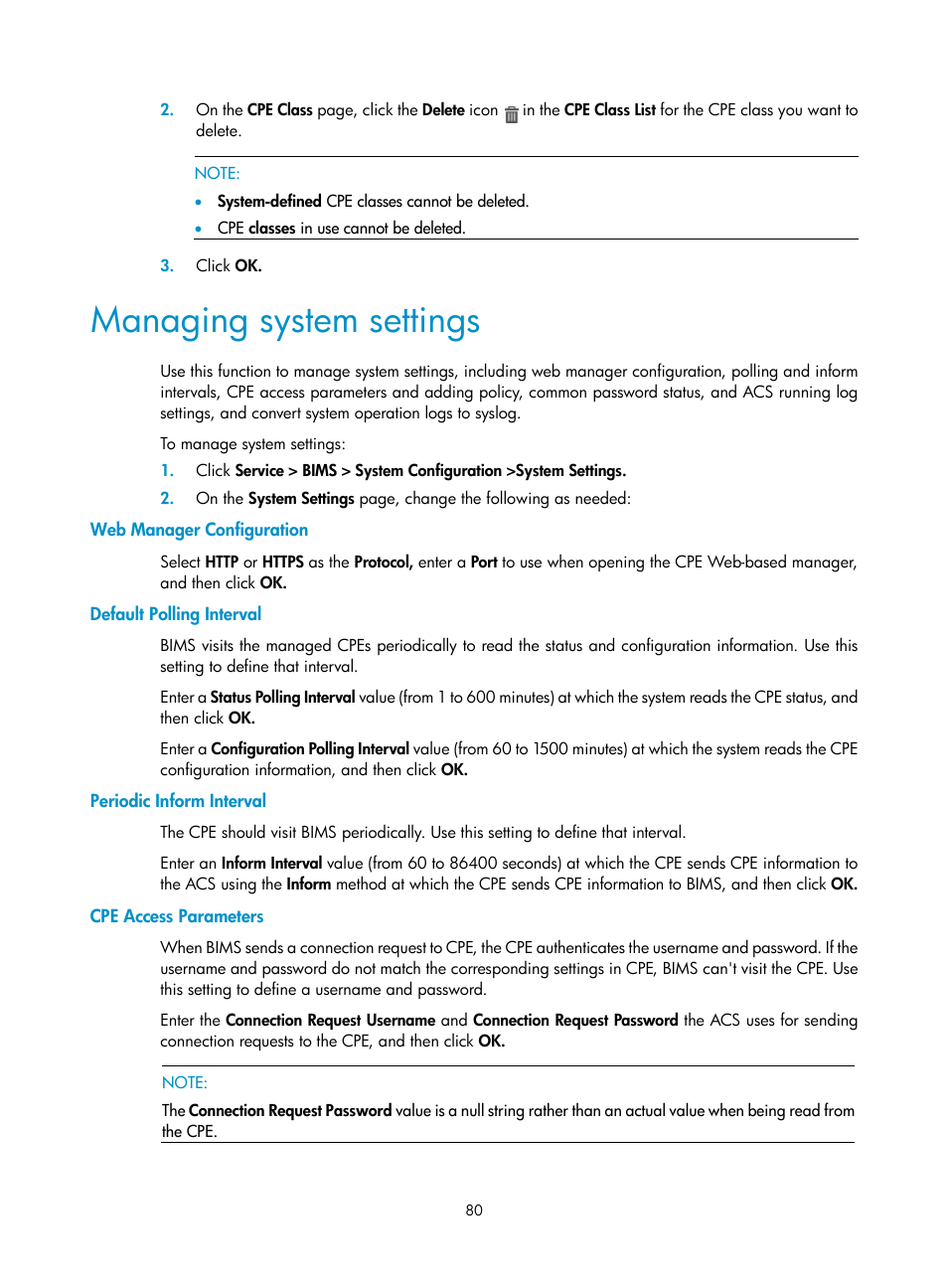 Managing system settings, Web manager configuration, Default polling interval | Periodic inform interval, Cpe access parameters, For more information, see | H3C Technologies H3C Intelligent Management Center User Manual | Page 89 / 139