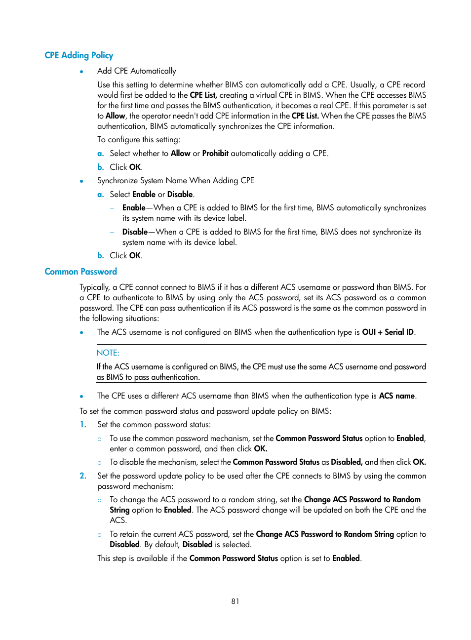 Cpe adding policy, Common password | H3C Technologies H3C Intelligent Management Center User Manual | Page 90 / 139