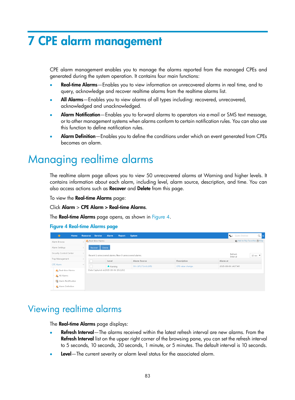 7 cpe alarm management, Managing realtime alarms, Viewing realtime alarms | H3C Technologies H3C Intelligent Management Center User Manual | Page 92 / 139