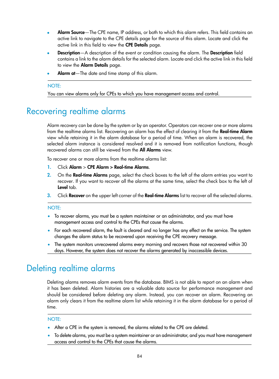 Recovering realtime alarms, Deleting realtime alarms | H3C Technologies H3C Intelligent Management Center User Manual | Page 93 / 139