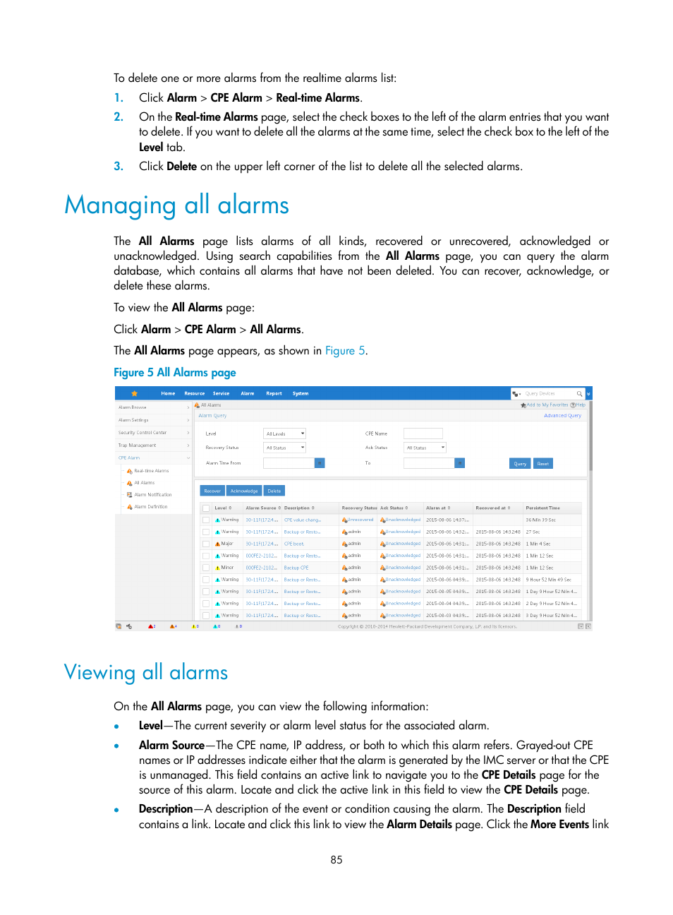 Managing all alarms, Viewing all alarms | H3C Technologies H3C Intelligent Management Center User Manual | Page 94 / 139