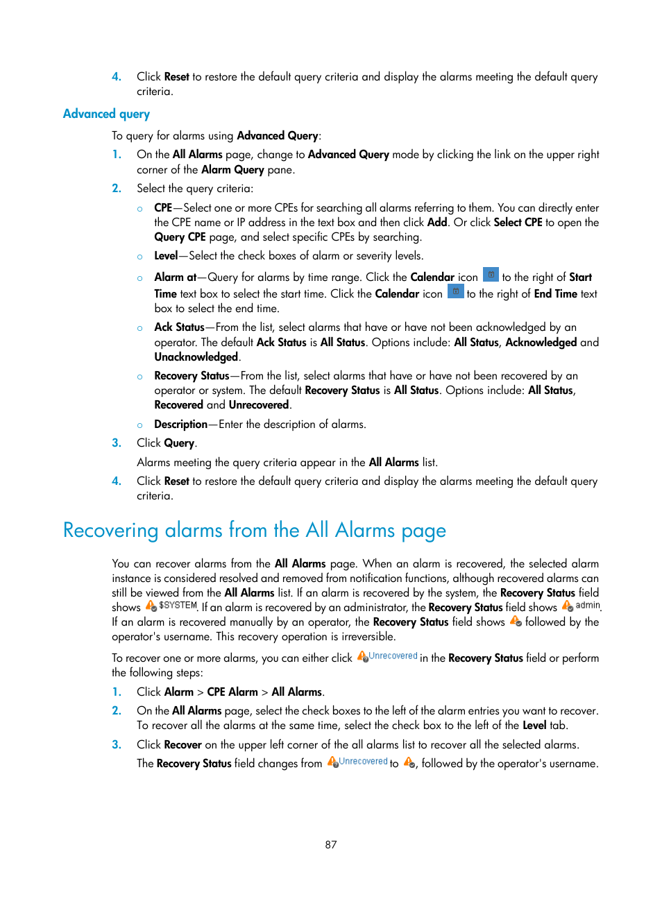 Advanced query, Recovering alarms from the all alarms page | H3C Technologies H3C Intelligent Management Center User Manual | Page 96 / 139