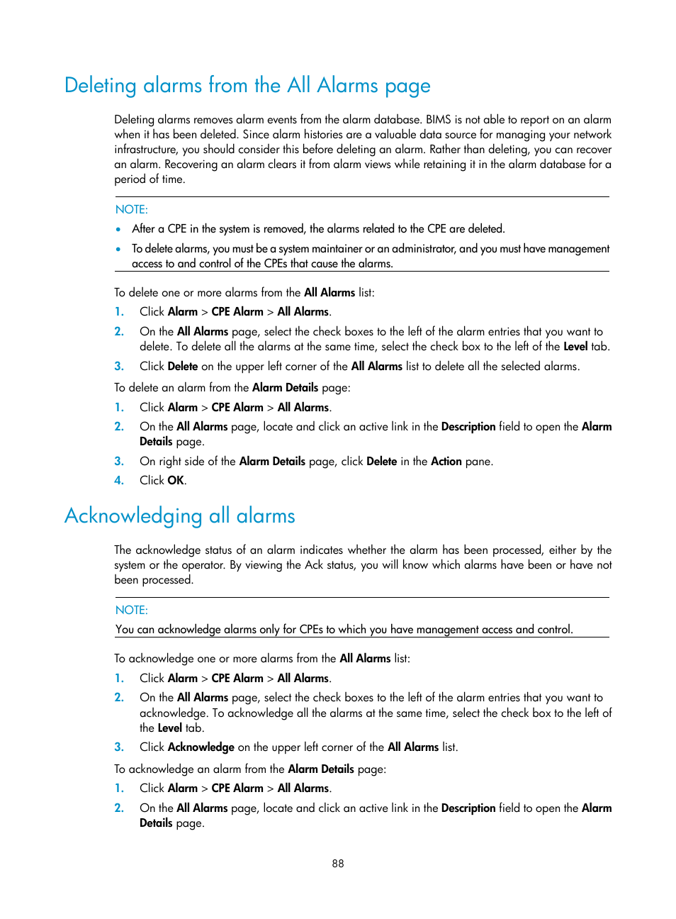 Acknowledging all alarms, Deleting alarms from the all alarms page | H3C Technologies H3C Intelligent Management Center User Manual | Page 97 / 139