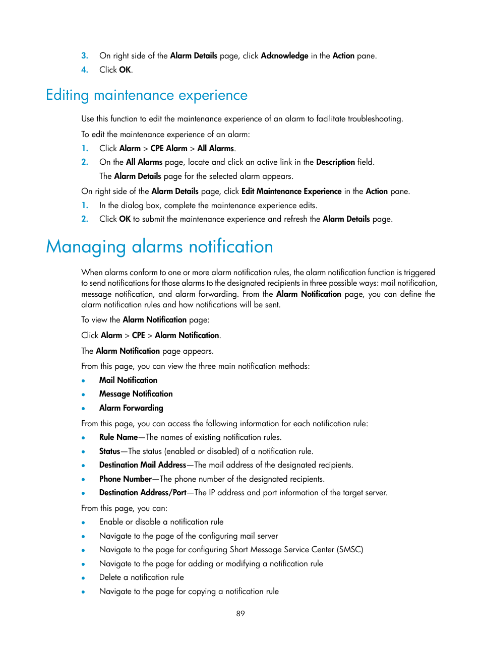 Editing maintenance experience, Managing alarms notification | H3C Technologies H3C Intelligent Management Center User Manual | Page 98 / 139