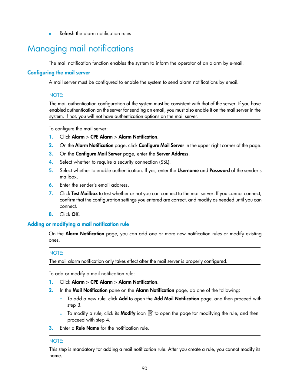 Managing mail notifications, Configuring the mail server, Adding or modifying a mail notification rule | H3C Technologies H3C Intelligent Management Center User Manual | Page 99 / 139