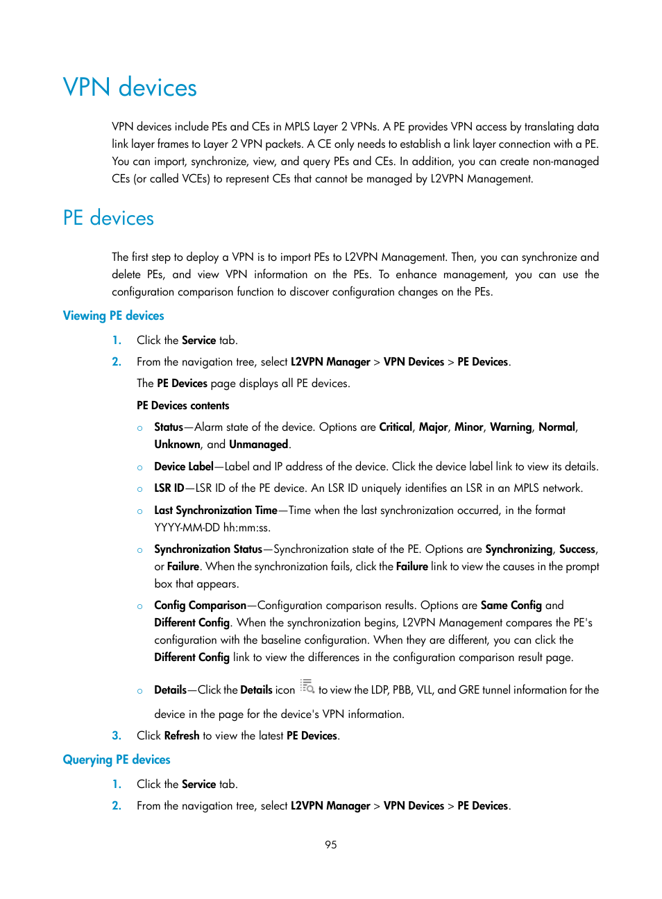 Vpn devices, Pe devices, Viewing pe devices | Querying pe devices | H3C Technologies H3C Intelligent Management Center User Manual | Page 105 / 273