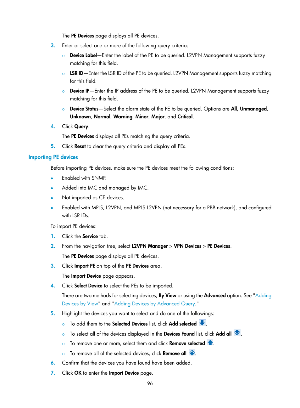 Importing pe devices, Importing pe, Devices | H3C Technologies H3C Intelligent Management Center User Manual | Page 106 / 273