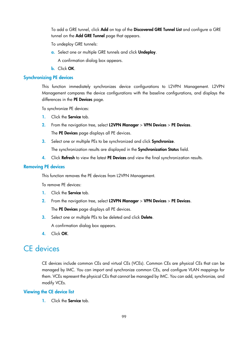 Synchronizing pe devices, Removing pe devices, Ce devices | Viewing the ce device list | H3C Technologies H3C Intelligent Management Center User Manual | Page 109 / 273